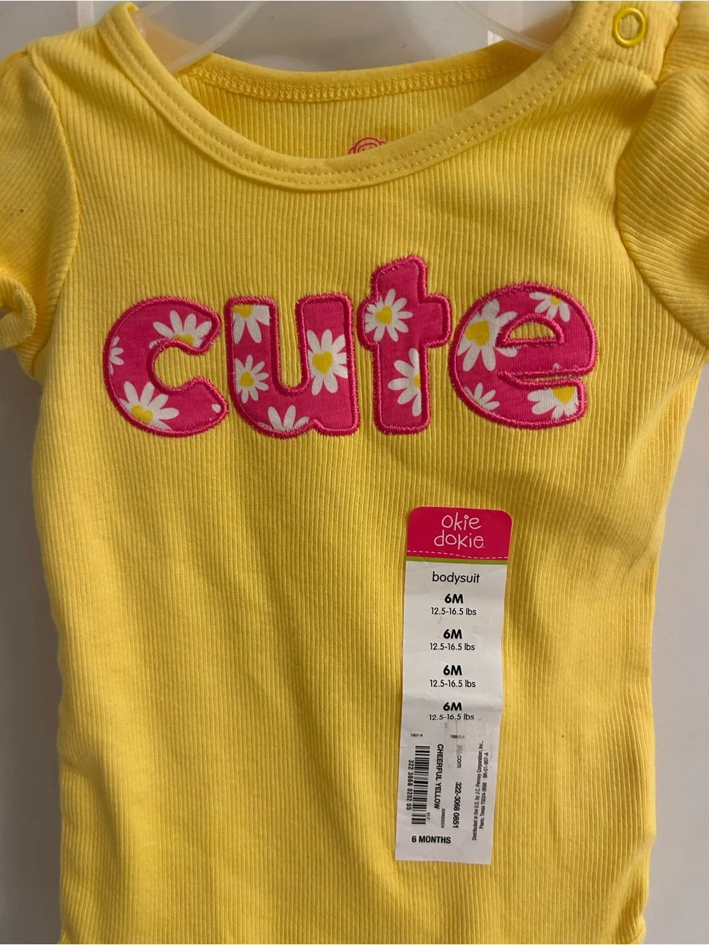 NWT-okie dokie Yellow Bodysuit with Pink 'cute' Appliqué